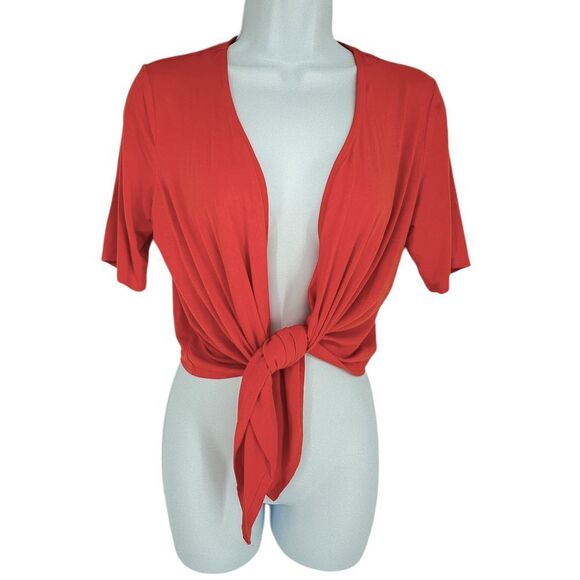 Soma Sweaters - Soma Coral Orange Jersey Versatile Tie-Front Cardigan Short Sleeve‎ Shrug Small